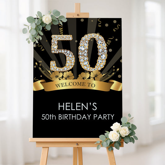 Black and Gold Birthday Party Sign, Any Age