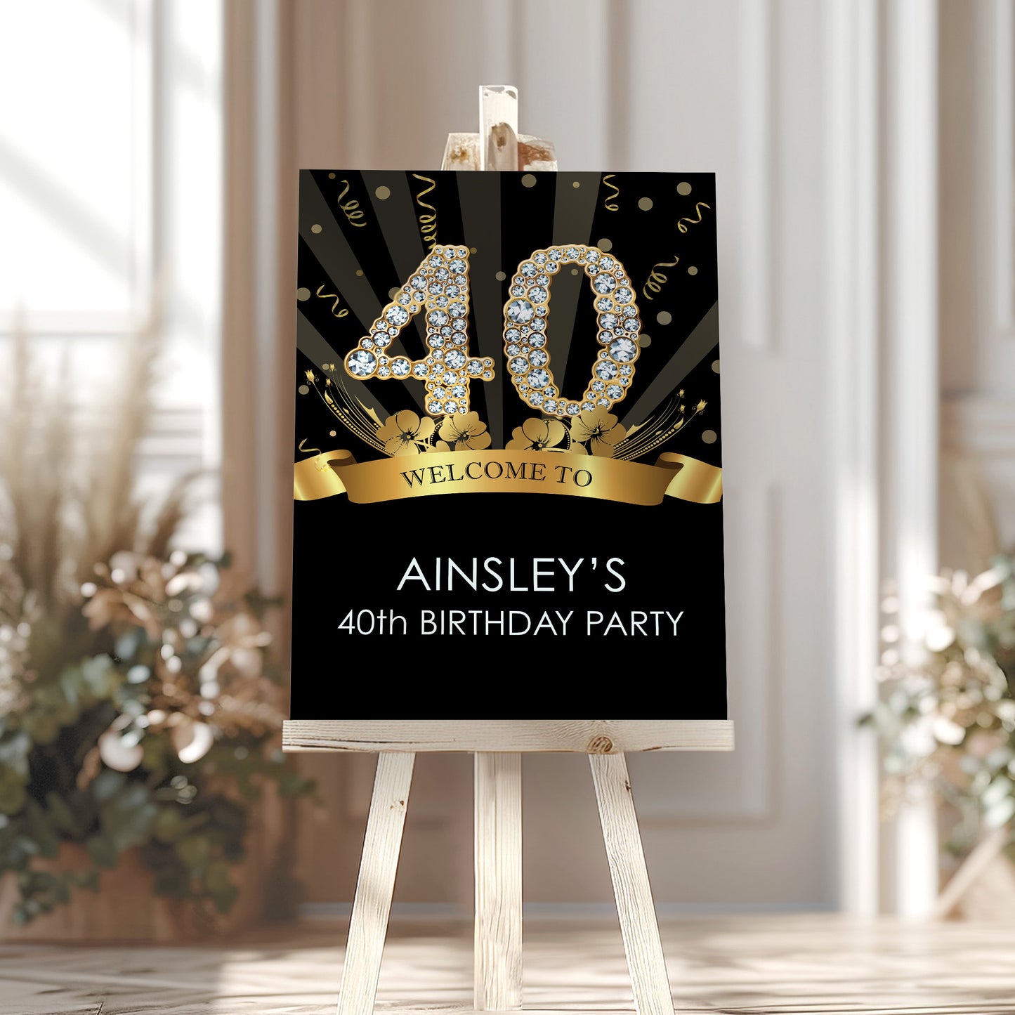 Black and Gold Birthday Party Sign, Any Age