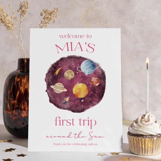 Personalised First Trip Around the Sun Birthday Welcome Sign - Pink Galaxy