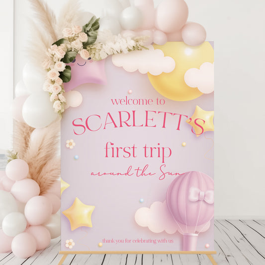 Moon and Stars First Birthday Welcome Sign - First Trip Around The Sun - Pastel Pink