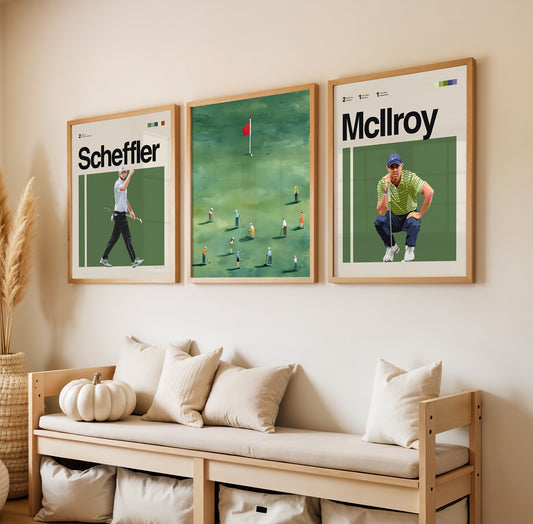 Set Of Three Golf Posters – Mcllroy, Scheffler And Mini Golfers