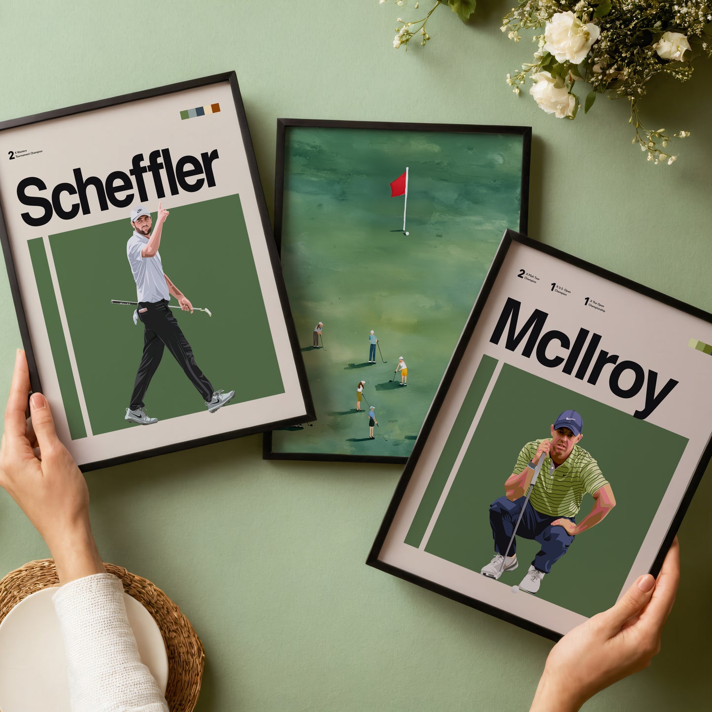 Set Of Three Golf Posters – Mcllroy, Scheffler And Mini Golfers
