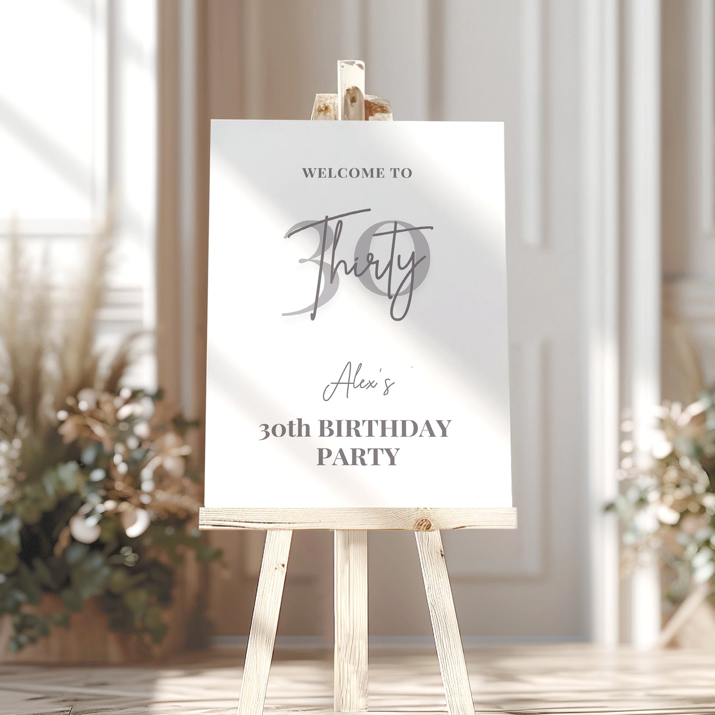 White and Grey Birthday Party Welcome Sign, Any Age