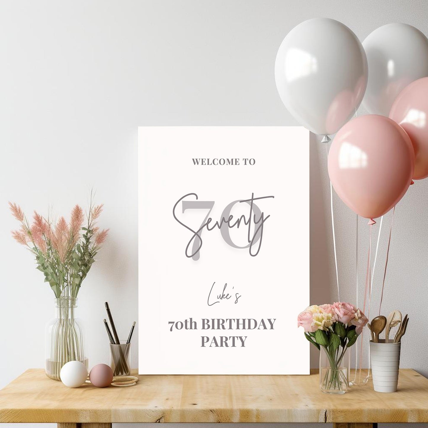 White and Grey Birthday Party Welcome Sign, Any Age