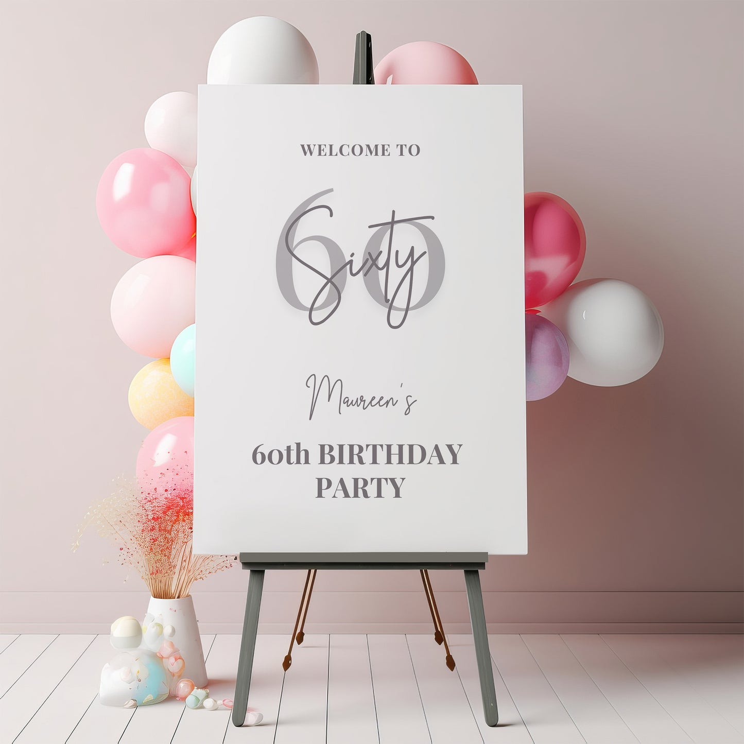 White and Grey Birthday Party Welcome Sign, Any Age