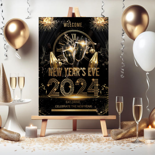New Years Eve Party Sign, Black and Gold NYE Party