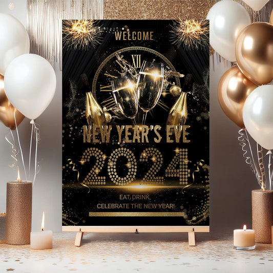New Years Eve Party Sign, Black and Gold NYE Party