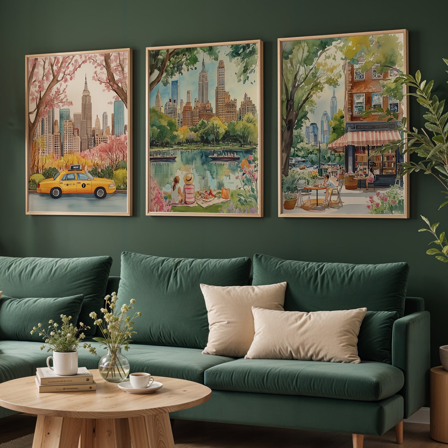 Set Of Three New York City Posters - Taxi, Central Park And Book Shop