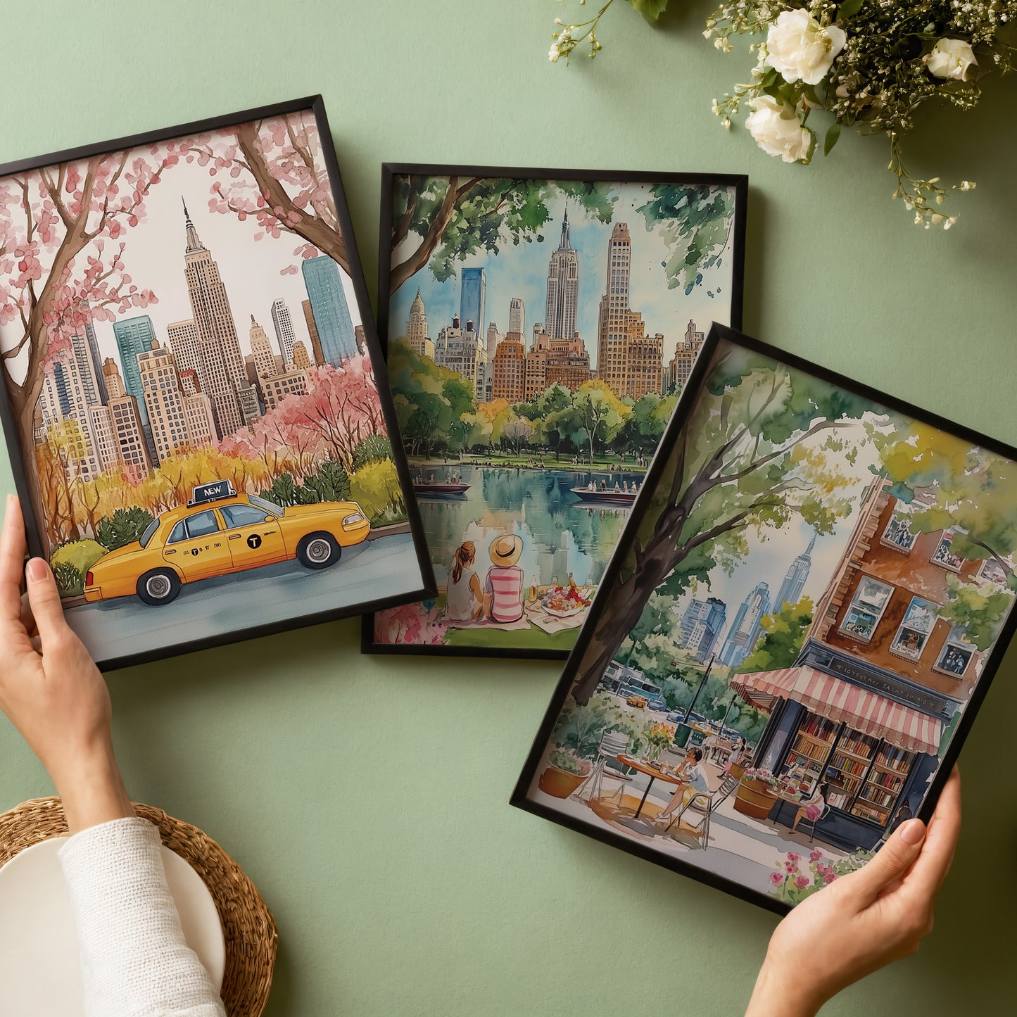 Set Of Three New York City Posters - Taxi, Central Park And Book Shop