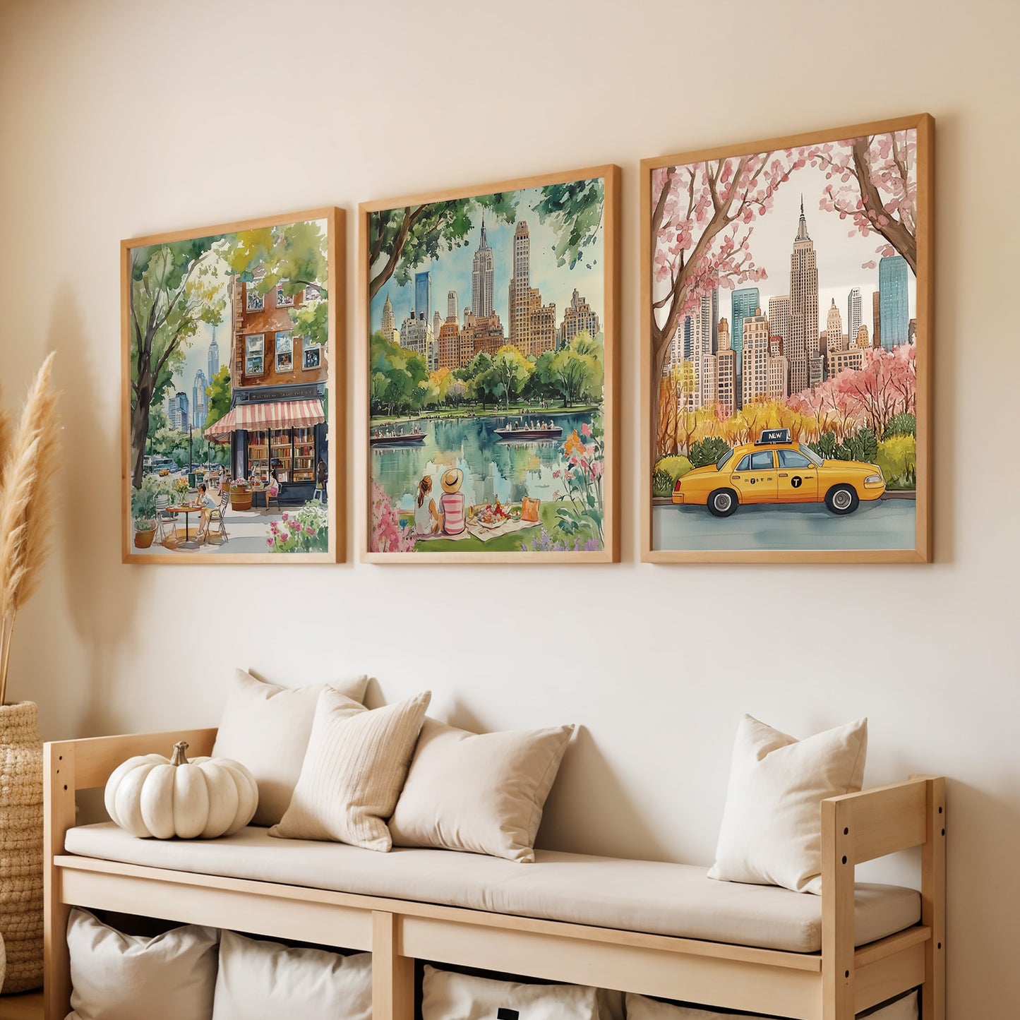 Set Of Three New York City Posters - Taxi, Central Park And Book Shop