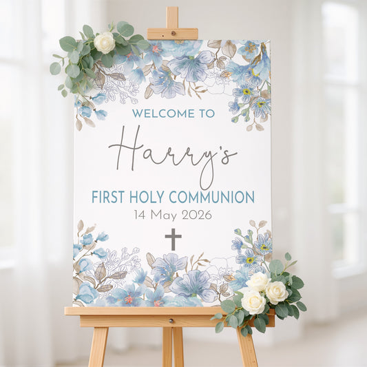 Soft Blue First Holy Communion Welcome Sign