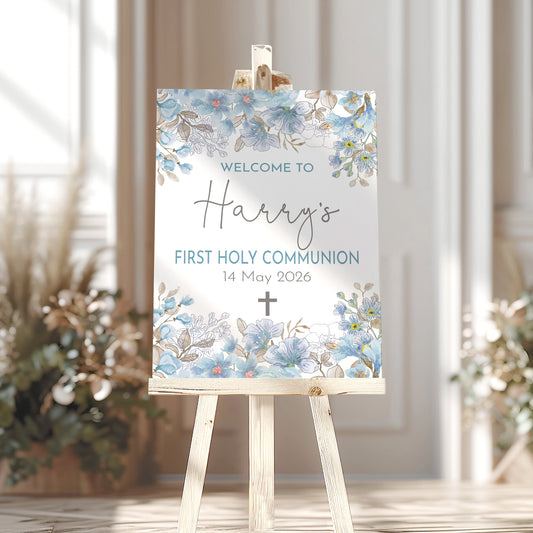 Soft Blue First Holy Communion Welcome Sign