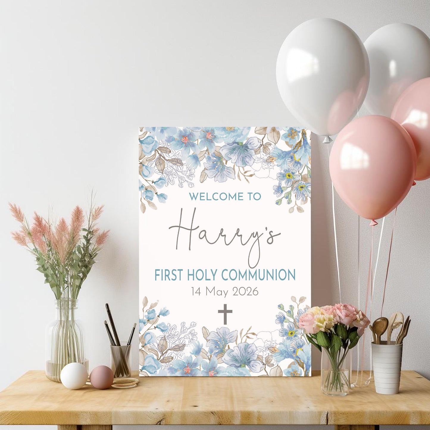 Soft Blue First Holy Communion Welcome Sign