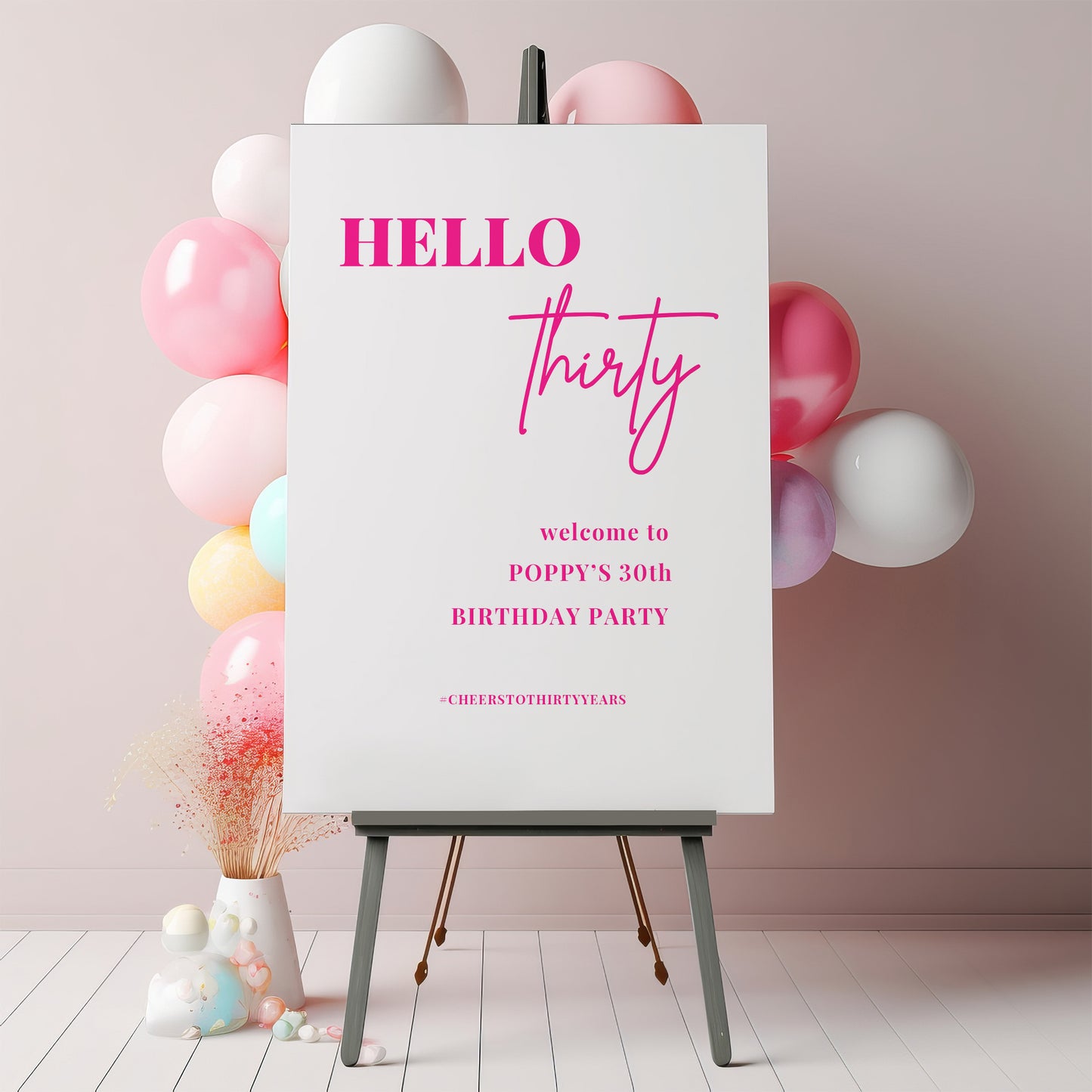 Hello 30 White and Neon Pink Welcome Party Sign