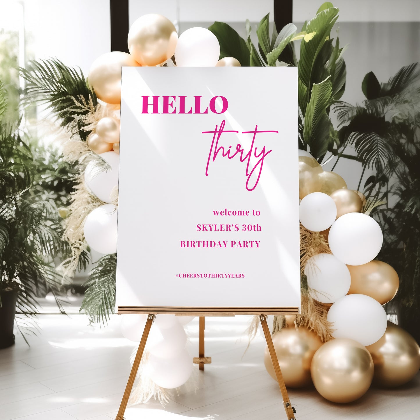 Hello 30 White and Neon Pink Welcome Party Sign