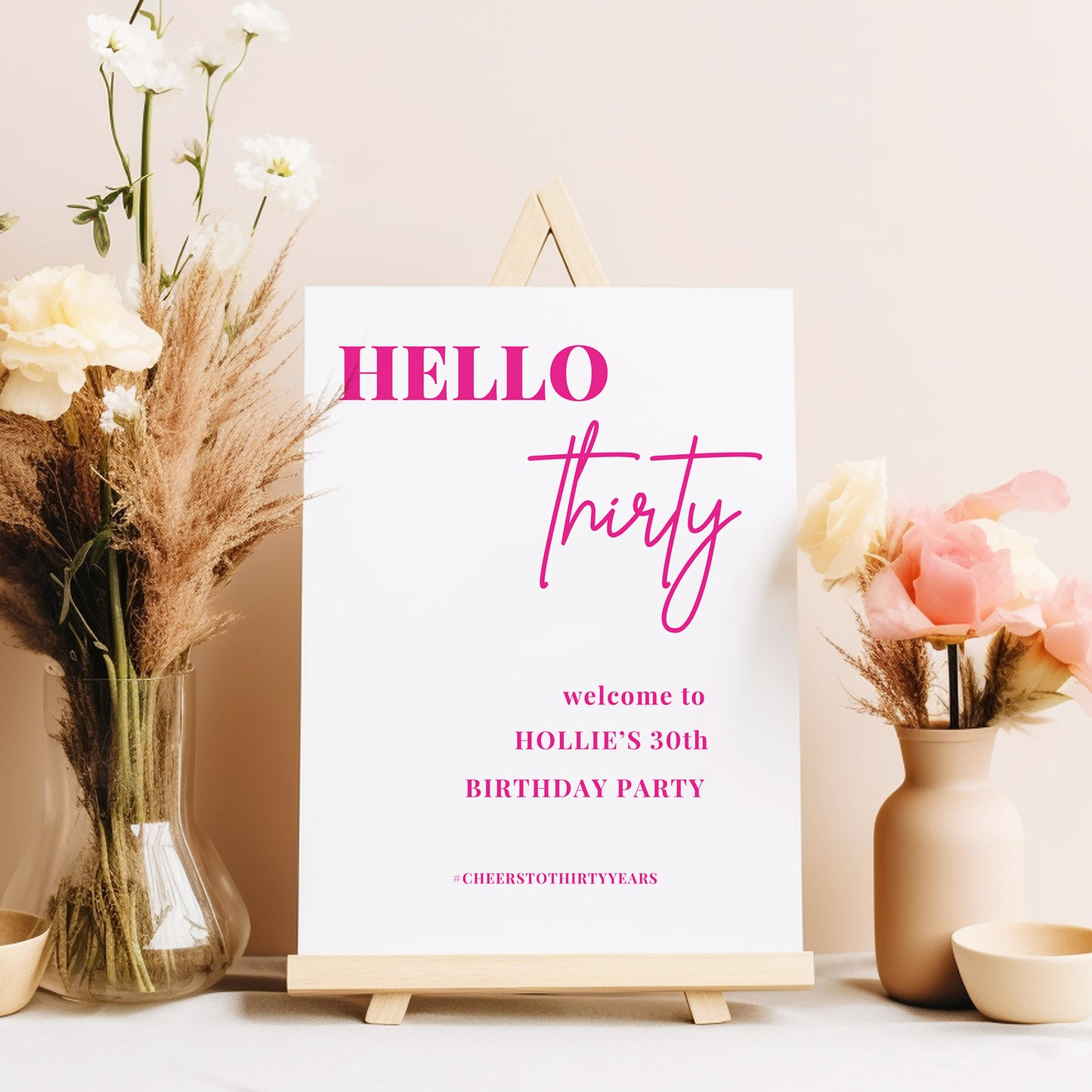 Hello 30 White and Neon Pink Welcome Party Sign