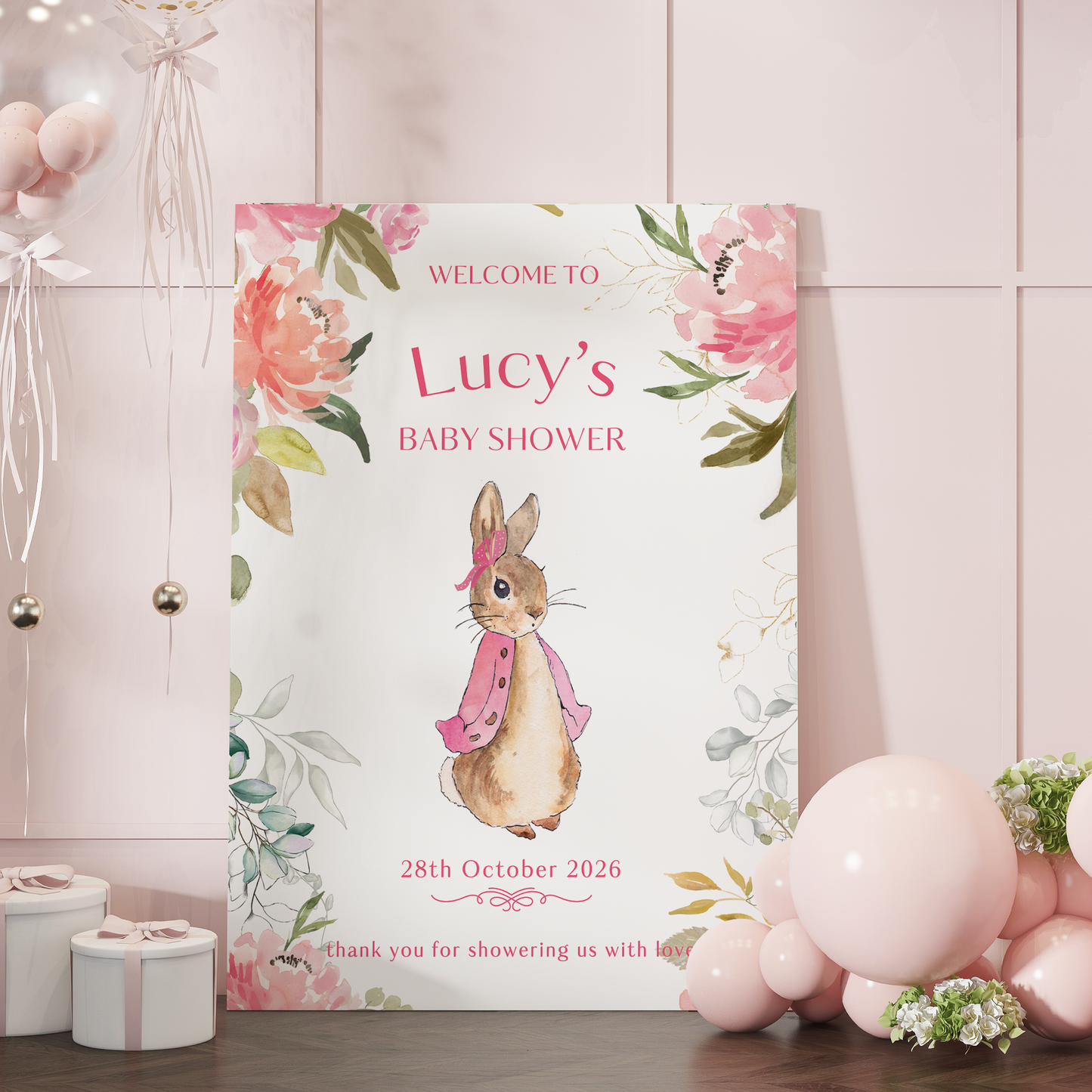 Pink Peter Rabbit Baby Shower Sign