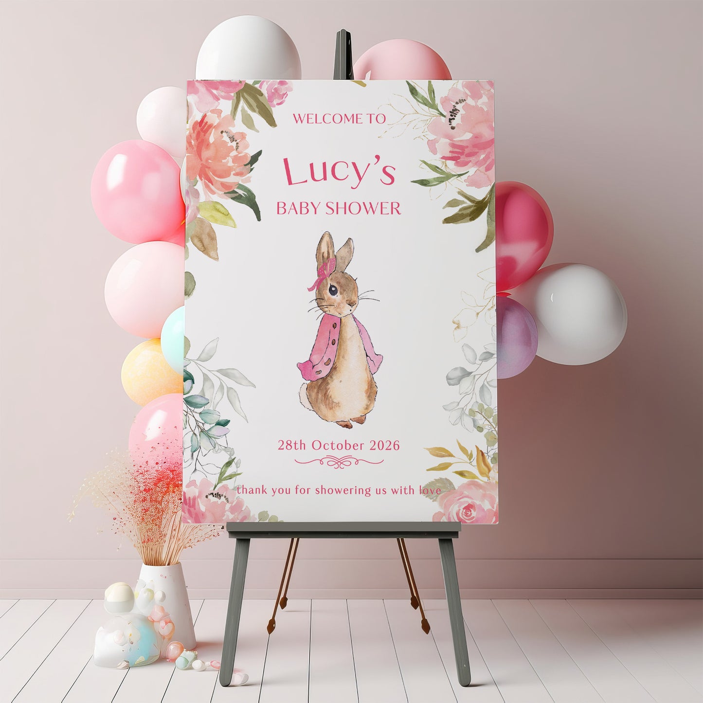 Pink Peter Rabbit Baby Shower Sign
