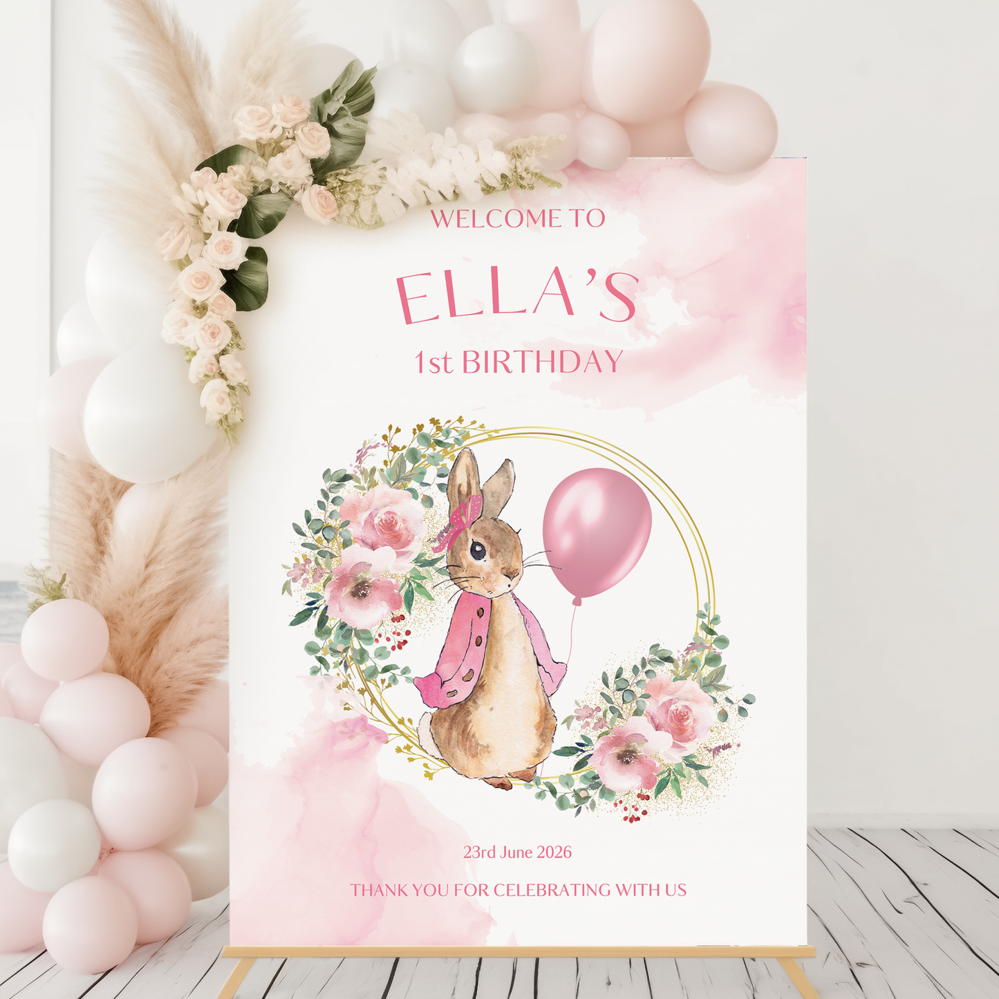 Pink Peter Rabbit Christening, Baptism or 1st Birthday Welcome Sign