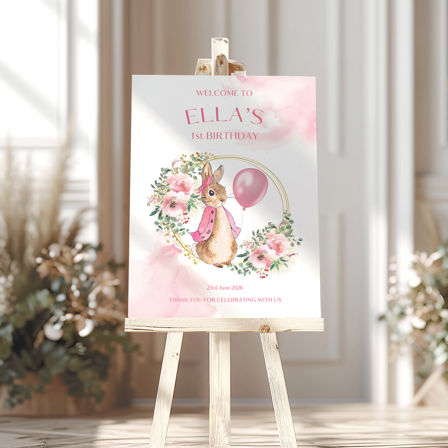 Pink Peter Rabbit Christening, Baptism or 1st Birthday Welcome Sign