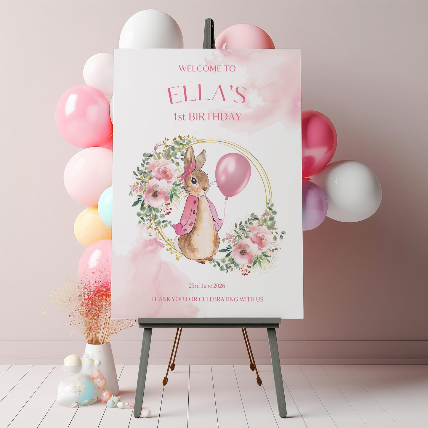 Pink Peter Rabbit Christening, Baptism or 1st Birthday Welcome Sign