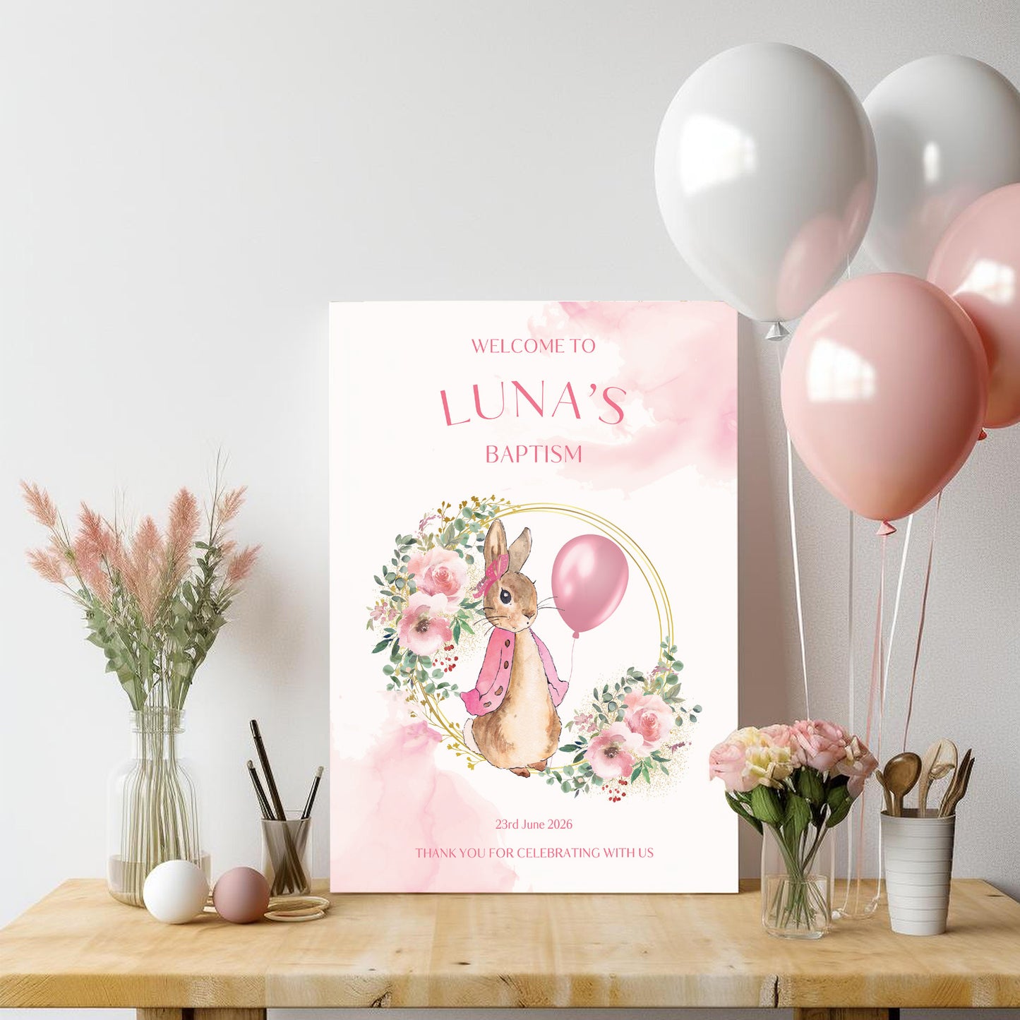 Pink Peter Rabbit Christening, Baptism or 1st Birthday Welcome Sign