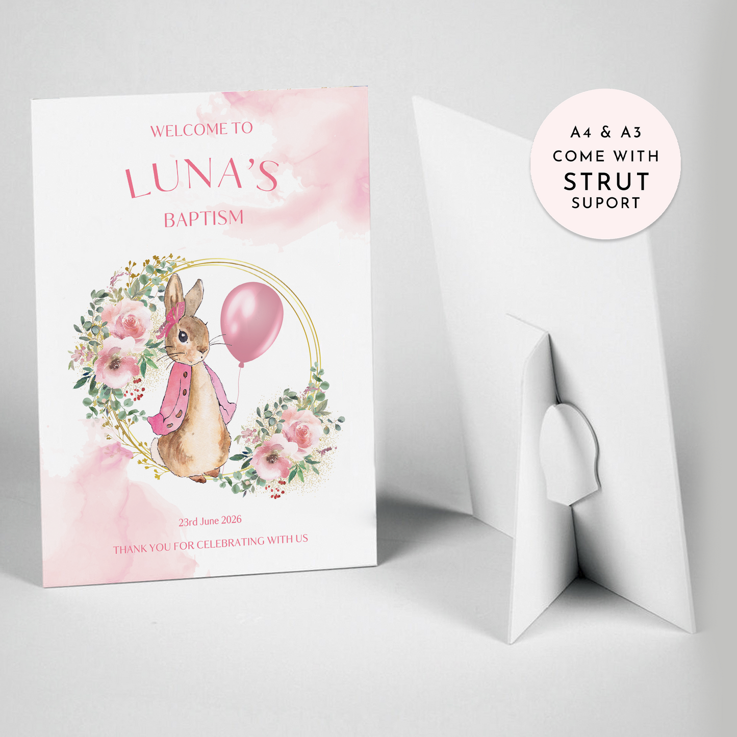 Pink Peter Rabbit Christening, Baptism or 1st Birthday Welcome Sign