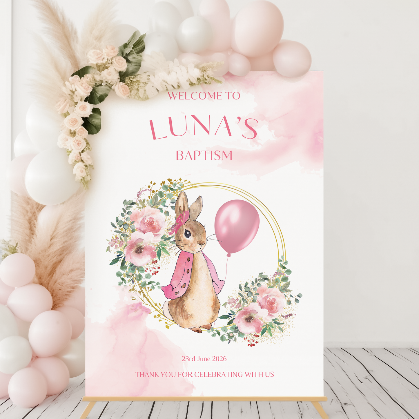 Pink Peter Rabbit Christening, Baptism or 1st Birthday Welcome Sign
