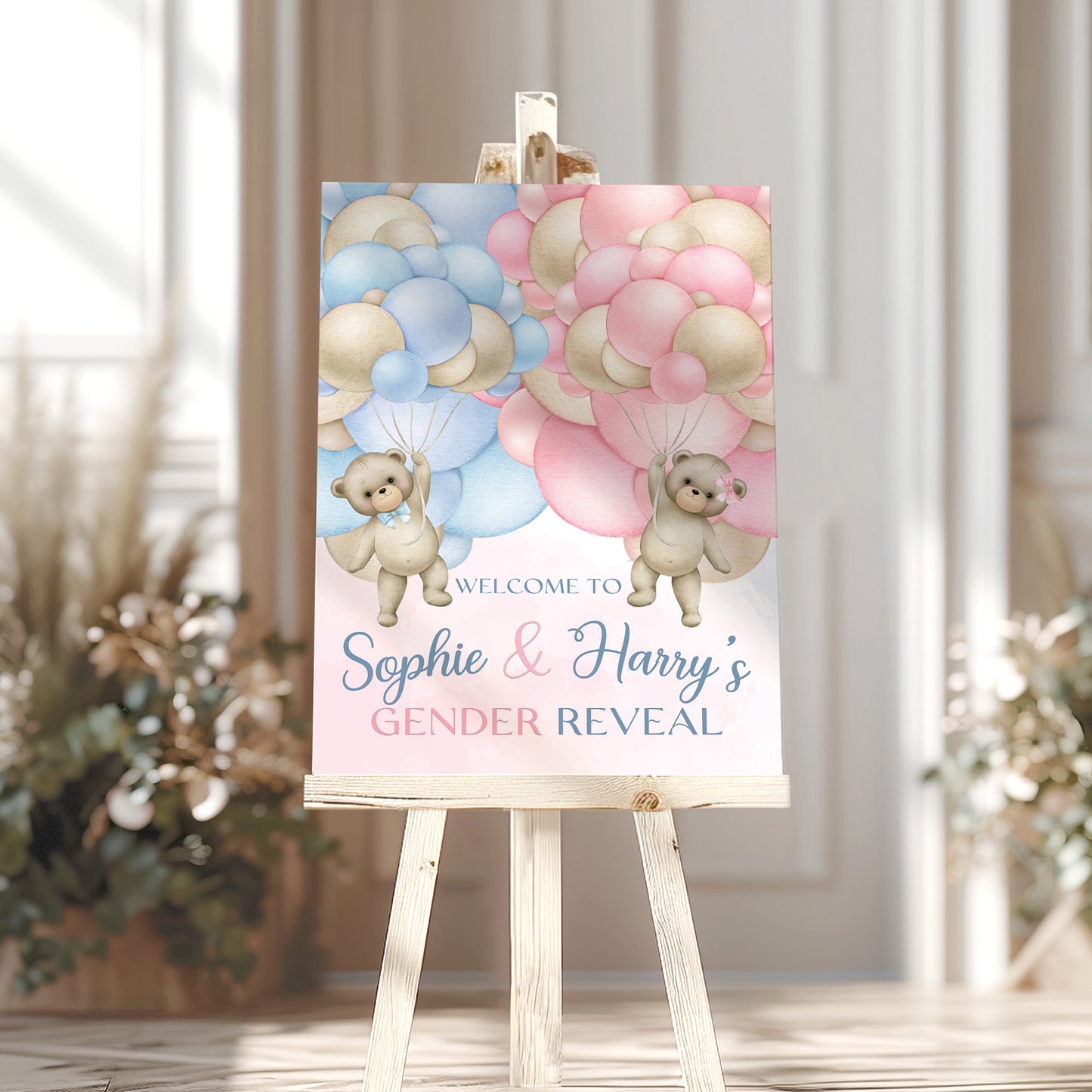Pink and Blue Balloon Gender Reveal Welcome Party Sign