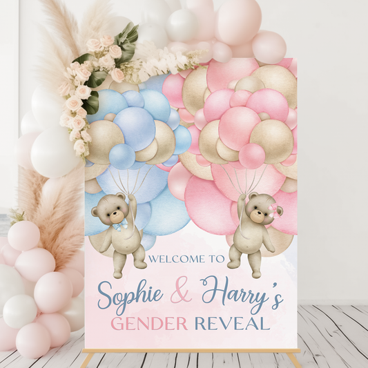 Pink and Blue Balloon Gender Reveal Welcome Party Sign