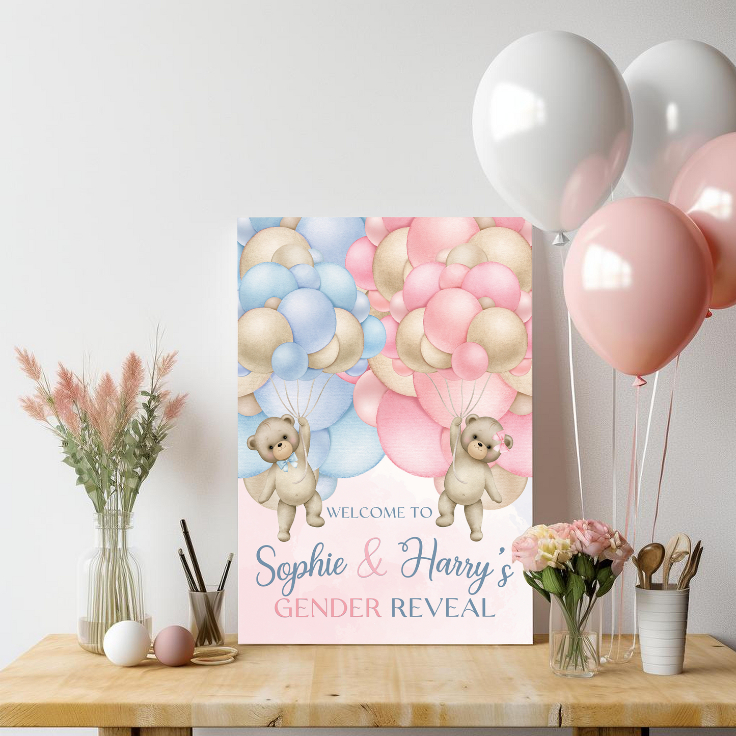 Pink and Blue Balloon Gender Reveal Welcome Party Sign