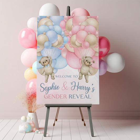 Pink and Blue Balloon Gender Reveal Welcome Party Sign