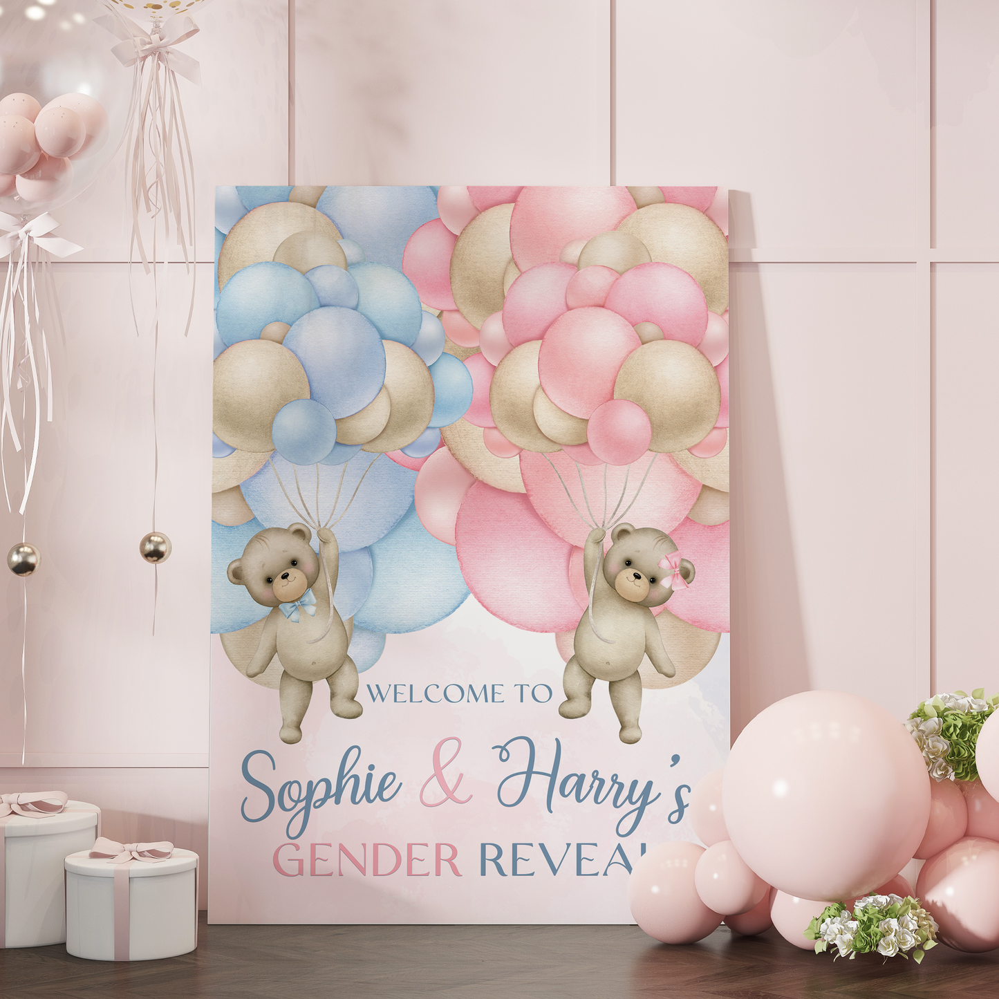 Pink and Blue Balloon Gender Reveal Welcome Party Sign