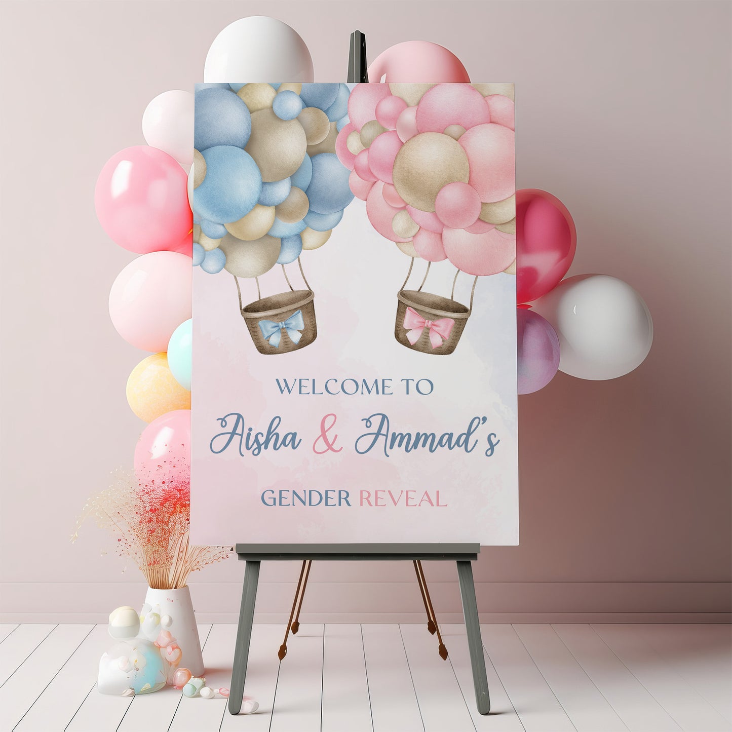 Pink and Blue Hot Air Balloon Gender Reveal Welcome Party Sign
