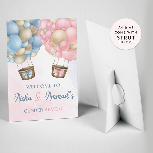Pink and Blue Hot Air Balloon Gender Reveal Welcome Party Sign