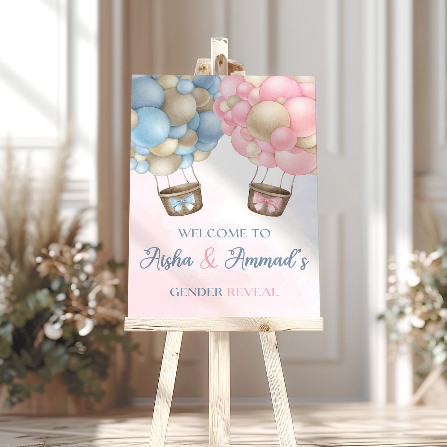 Pink and Blue Hot Air Balloon Gender Reveal Welcome Party Sign
