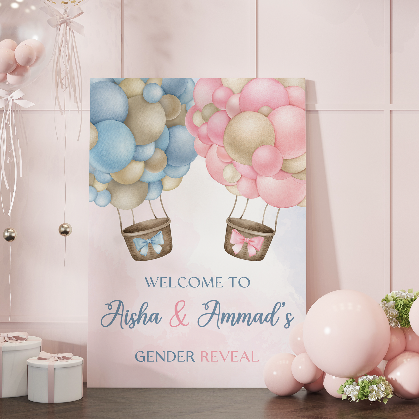 Pink and Blue Hot Air Balloon Gender Reveal Welcome Party Sign
