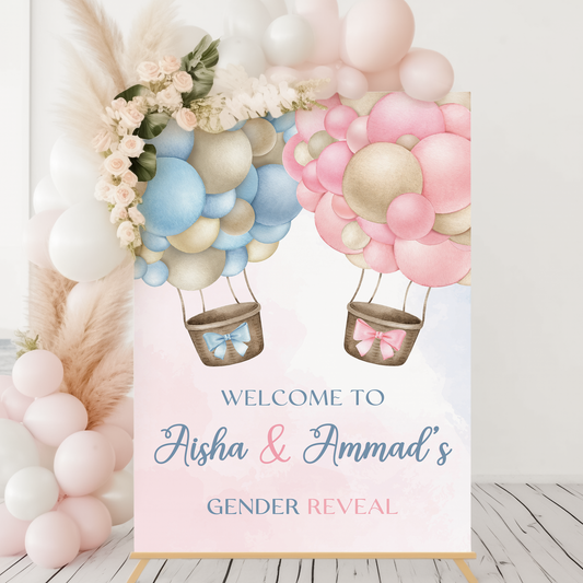 Pink and Blue Hot Air Balloon Gender Reveal Welcome Party Sign