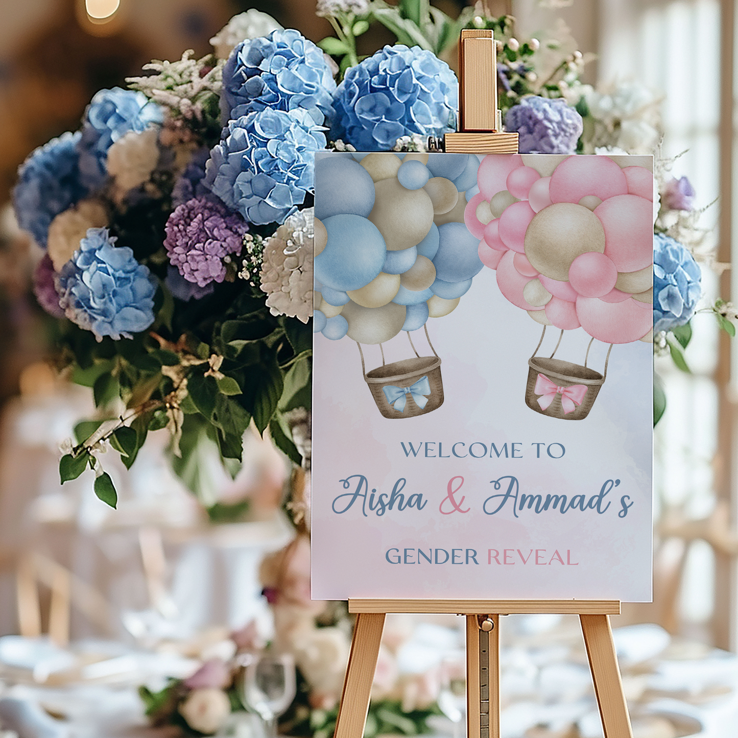 Pink and Blue Hot Air Balloon Gender Reveal Welcome Party Sign