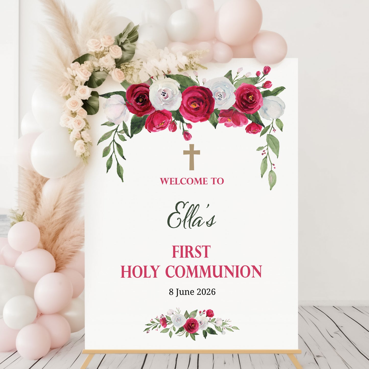 First Holy Communion Welcome Sign Cerise/Red Rose