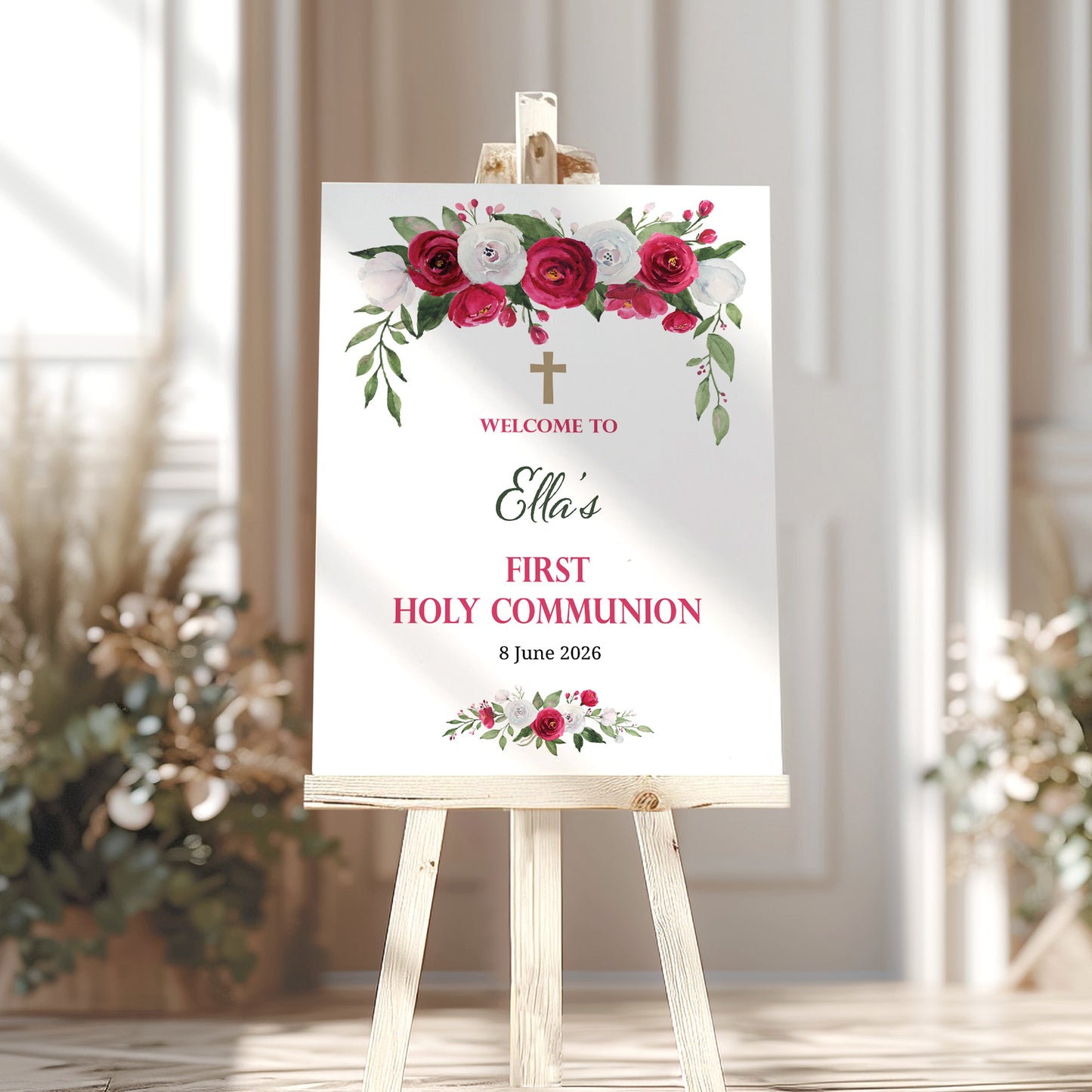 First Holy Communion Welcome Sign Cerise/Red Rose