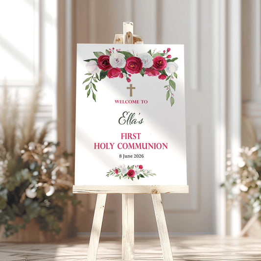 First Holy Communion Welcome Sign Cerise/Red Rose