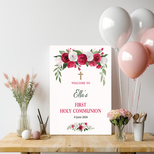 First Holy Communion Welcome Sign Cerise/Red Rose