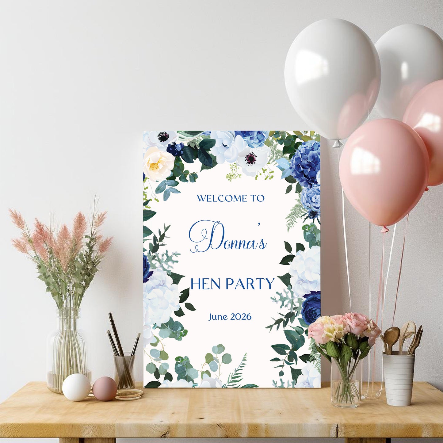 Navy Blue Floral Hen Party Welcome Sign