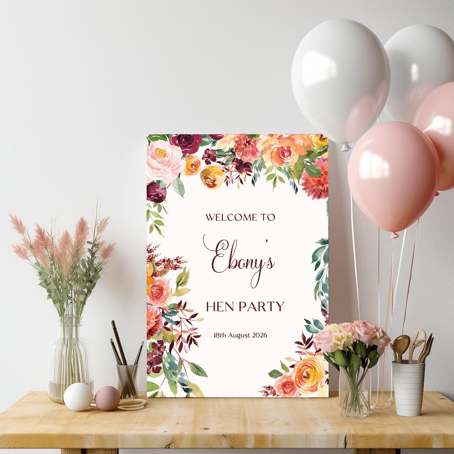 Rust Floral Hen Party Welcome Sign