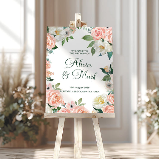Blush Floral Wedding Party Welcome Sign, Wedding Welcome Sign, Peach Floral Welcome Sign, Wedding Party Sign, Botanical Ceremony Decor