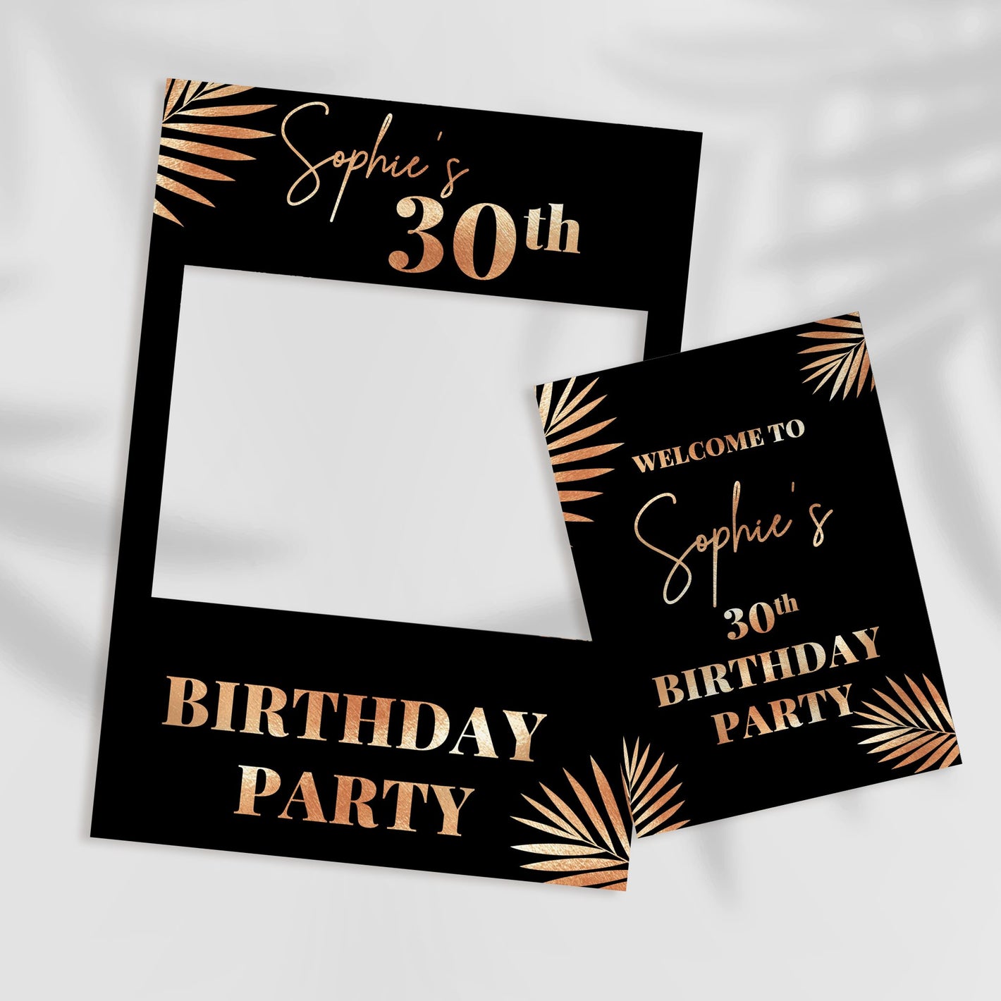 image of a black and gold selfie frame and matching birthday party sign