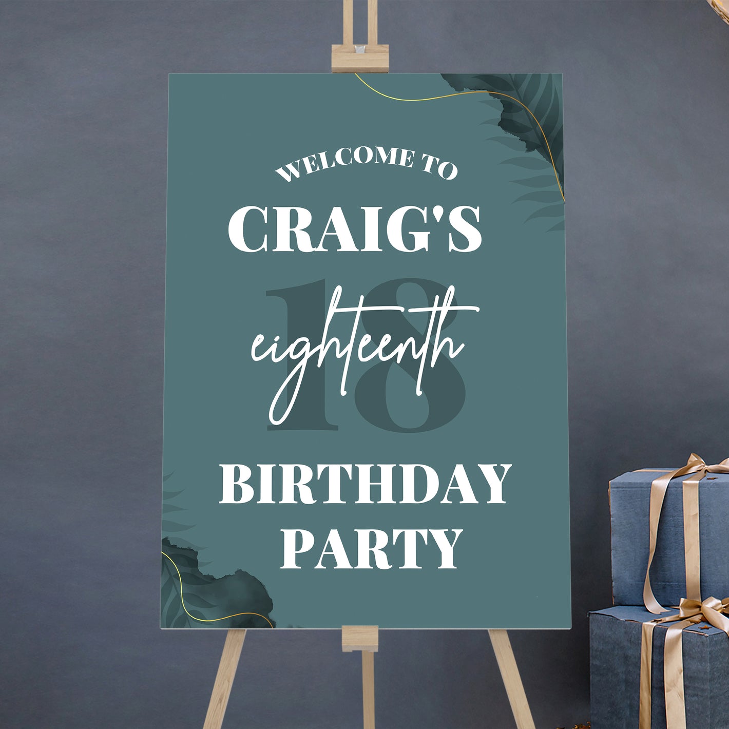 image of a teal 18th birthday party sign displayed on an easel