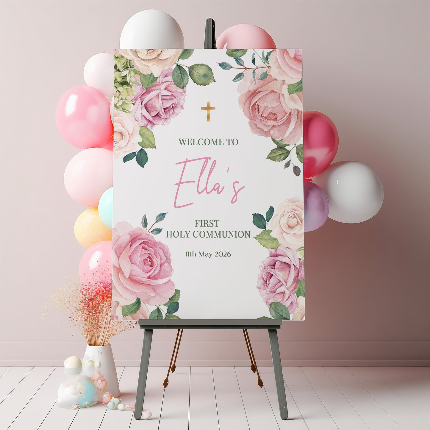 Pink Roses First Holy Communion Welcome Sign