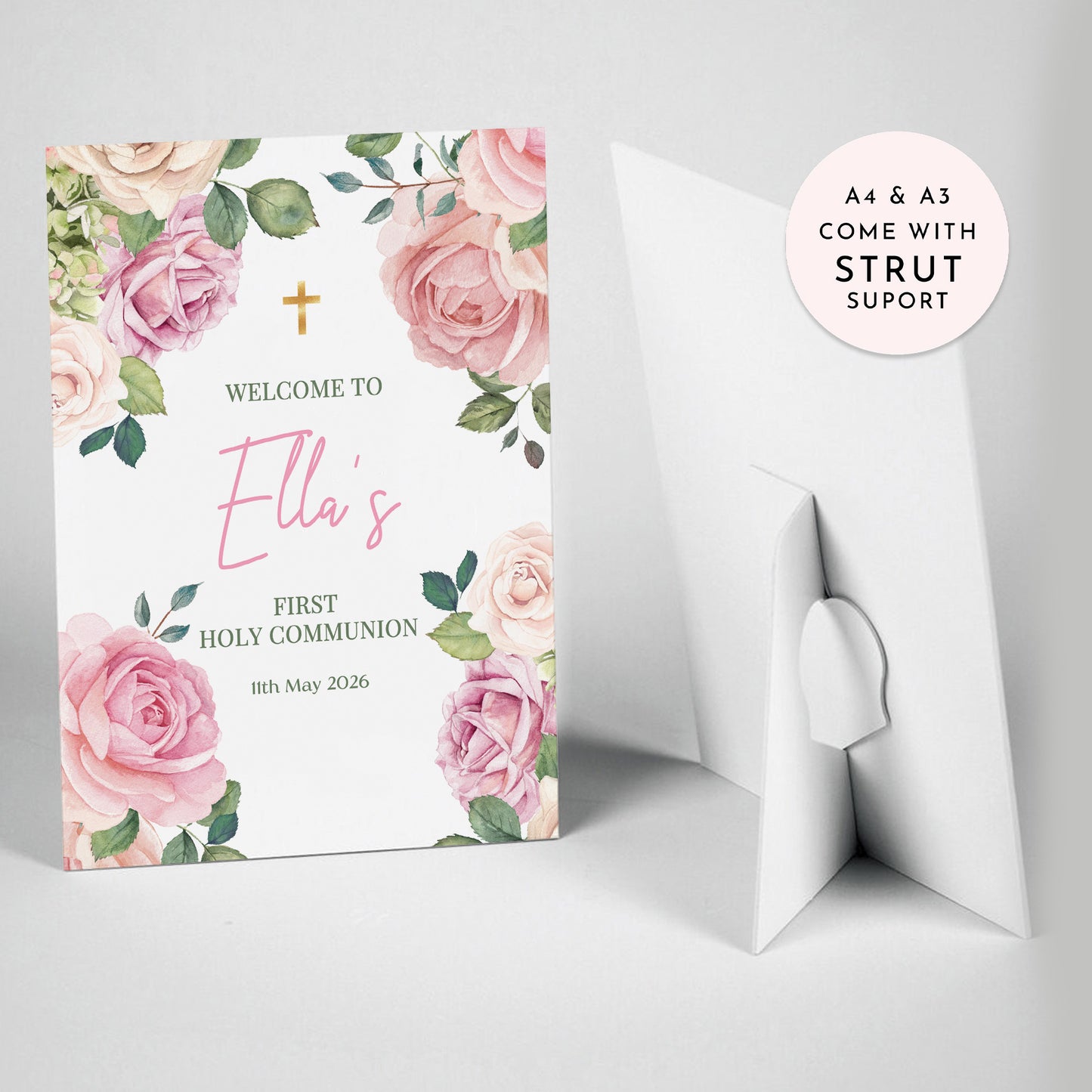 Pink Roses First Holy Communion Welcome Sign